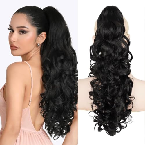 Fulang Hair Hästsvans med klämma, ponytail hårdel, lång, vågig, lockig kloklämma i hästsvans, hårförlängning, voluminös, vågig Claw on, syntetiskt hårstycke för kvinnor