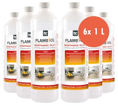 Höfer Chemie Bioethanol 96,6% Premium 6 x 1 L - Ethanol für Tischkamin, Kamin & Gartendeko für Draußen - Rauch- und Rußfrei - Aus Mais & Zuckerrüben