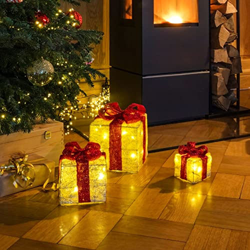 LED Geschenkboxen mit Timer 3er Set - ROT - Weihnachts Dekoboxen warm weiß beleuchtet - Weihnachten Advent Winter Christbaum Deko Beleuchtung Batterie betrieben