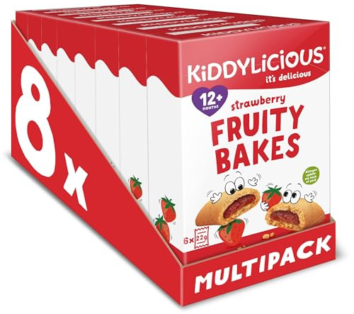 Kiddylicious Fruity Bakes Fraise | Dès 12 Mois | Fourrés à la Purée de Fruits | 8 Packs de 132g (6 Sachets de 22g) | 1.06 kg