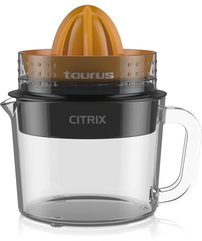 TAURUS CITRIX | Exprimidor de Cítricos | ÚNICO con Jarra de Vidrio de 1 Litro | Exprimidor de Naranjas | Filtro para Bagazo de 3 niveles | Doble Sentido de Giro | Almacenaje Compacto