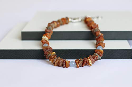 Bernsteinkette für Hunde aus Roh Baltischer Bernstein mit Blaue Jade verziert | Zeckenhalsband | Bernstein Gegen Zecken | Zecken und Flohschutz Halsband (45-50 cm)