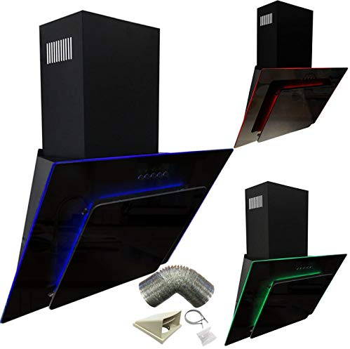 SIA AGE71BL 70cm Black Glass Angled Kitchen Cooker Hood Chimney Extractor Fan With Red Blue & Green LED Edge Lit Mood Lighting & 3m Ducting Kit