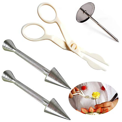 4 STK Icing Blumennage Set Kuchen Dekoration Nadel Piping Schere Ungiftig Antihaft, für Basteln, Dekorieren von Kuchen, Familien, Restaurant, Hotels, Dessert Shop—Silber + Khaki