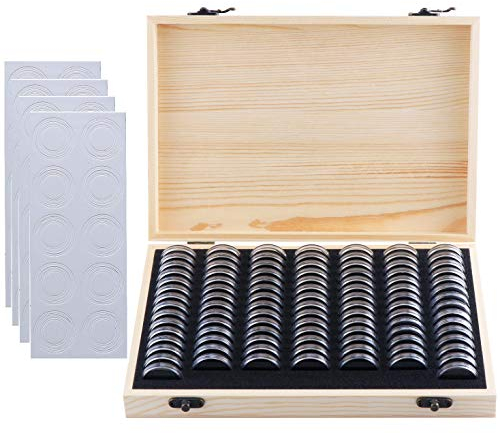 Litensh 100 Stück Münzen Sammelbox, Holz Münzbehälter mit Runden Kunststoff Münzkapseln,Holz Münz Organizer Münzschutzbox für Münzsammler 18mm/21mm/25mm/27mm/30mm