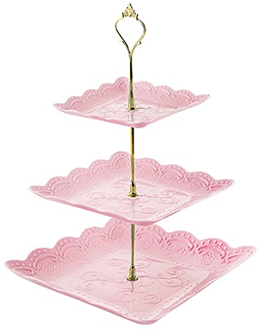 Alzata per Torta a 3 Piani, Vassoi per Torte, Alzata in Plastica per Frutta e Dolci, per Pasticceria Espositore, Partito, Tè Pomeridiano, Matrimonio, Compleanno (Rosa)