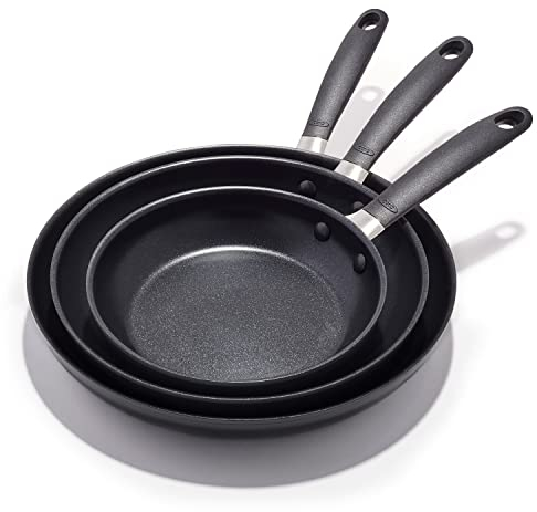 OXO Good Grips 8 10 and 12 Frying Pan Skillet Set, 3-Layered German Engineered Nonstick Coating, Stainless Steel Handle with Nonslip Silicone, Black