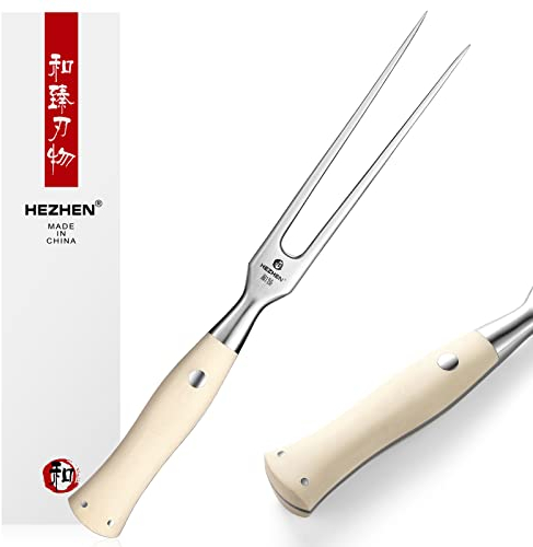 HEZHEN Acier Inoxydable 430 Fourchette à Découper, Fourchette à Viande Dinde Barbecue Extérieur, Manche en G10 Blanc