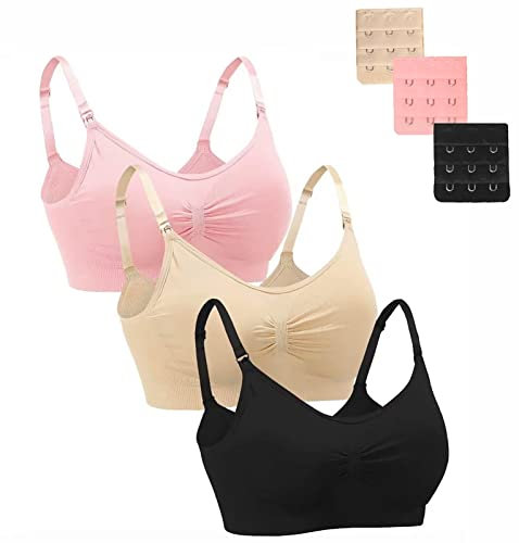 Dreamburn Maternity Nursing Bra Wireless Seamless Comfortable Breastfeeding Bras 4 Rows Adjust Hook with Removable Spill Prevention Pads Add Extenders