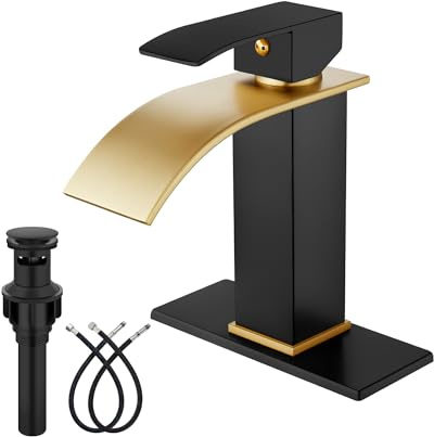 Midanya Bathroom Faucet with Waterfall Spout, Single Hole or 3-Hole Deck Mount, 304 Stainless Steel Sink Faucet with Pop-Up Drain, RV Vanity Compatible,Brushed Gold Spout/Matte Black