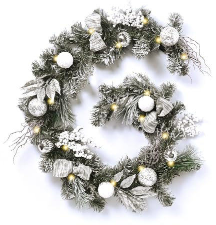 Valery Madelyn 183CM/6ft Weihnachtsgirlande mit 20 LED Timer, künstliche Tannengirlande Weihnachtsdeko, mit Kugeln Bogen für Treppe Tisch Kaminsims Haustür,Silbern Weiß