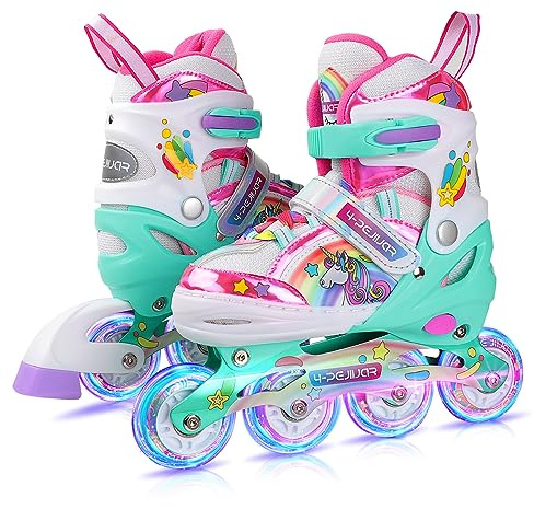 Unicorno Pattini in Linea Bambina Pattini a Rotelle Regolabili Pattini a 4 Ruote con Tutte Ruote LED per Principianti Bambini Ragazza Regalo di Compleanno Natale