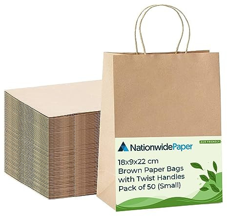 NationwidePaper 50 st små bruna papperspåsar, festpåsar, presentpåse gör-det-själv och söta påsar med starka vridna handtag (18 x 9 x 22 cm)