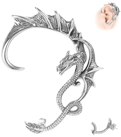 6ixGosh Gothic Dragon Ear Cuff & Stud for Women & Men, Stainless Steel Retro Snake Fish Crocodile Cuff Wrap Ear Climber Earrings