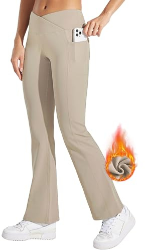 WILLIT Damen Thermo gefütterte Hosen Yogahose Bootcut Fleece Leggings Winter Warm Hose Flare Leggings Schlaghose Crossover Wasserdicht High Waist mit Taschen Khaki M