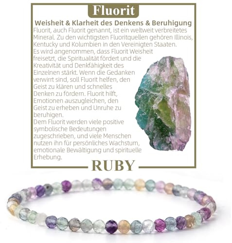 RUBY Pulseras Mujer de Piedras Naturales Pulseras de Piedras de Cuentas Facetadas- 4mm Pulsera Piedra Naturale Fluorita Pulsera Elástica de Bolas Para Mujer-Caja de Joyería Incluida