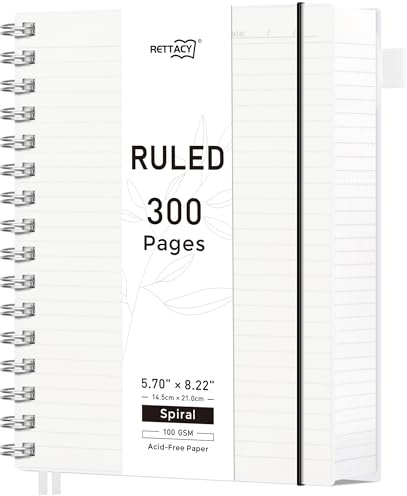 RETTACY A5 anteckningsblock, anteckningsbok, spiralbundna anteckningsböcker, 300 ark/150 sidor att skriva, 100 g/m² collegelinjerat papper, PVC inbunden