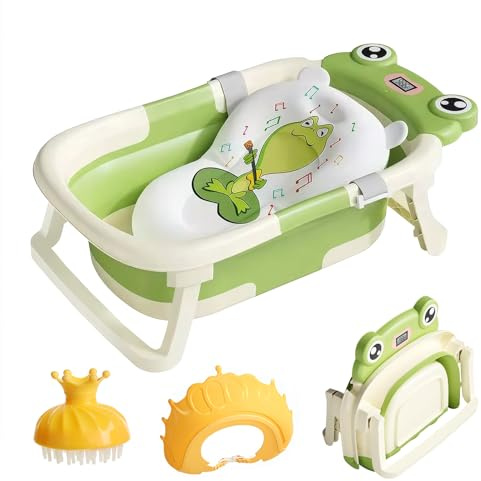 Baby-Badewanne für Neugeborene bis Kleinkinder – Faltbare Baby-Badewanne mit weichem Kissen & Thermometer & Duschhaube & Haarbürste, tragbare Reise-Baby-Badewanne, unverzichtbare Kleinkind-Badewanne