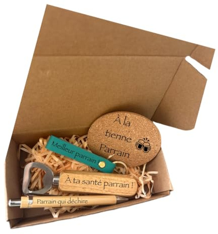 Coffret cadeau personnalisé pour homme - coffret boite kraf- dessous de verre liège personnalisé-ouvre bouteille en bois personnalisé- stylo bambou personnalisé-porte clé cuir personnalisé