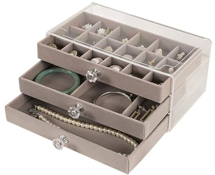 JINGHANGER Acryl Schmuck Organizer mit 3 Schubladen Transparente Samt Schmuckschatulle Ohrring Organizer Box Schmuckaufbewahrung für Ringe Armbänder Halsketten 23,5x13,5x10,5 cm