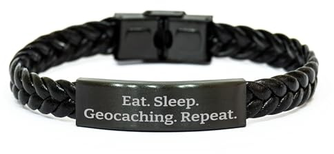 Geocaching Gifts for Men, Eat. Sleep. Geocaching. Repeat. Interlaced Leather Bracelet, Birthday Unique Gifts from Friends, Geocaching Accessories for Geocaching Enthusiasts