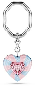 Swarovski Dulcis Schlüsselanhänger, Bonbonfarbener Anhänger mit Herzmotiv und Süßem Streifen-Design an Rhodiniertem Schlüsselring Kristallen in Blau und Pink, Größe: 7.9 x 2 cm