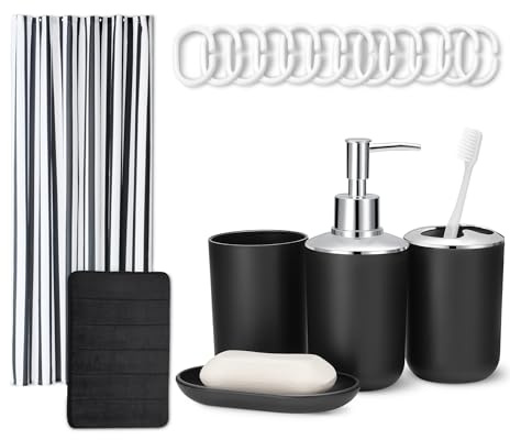 Amazon Basics Set de Accesorios de Baño: Cortina de Ducha con Ganchos, Alfombrilla de Baño Memory Foam, Dispensador de Jabón, Jabonera, Portacepillos & Vaso, Blanco