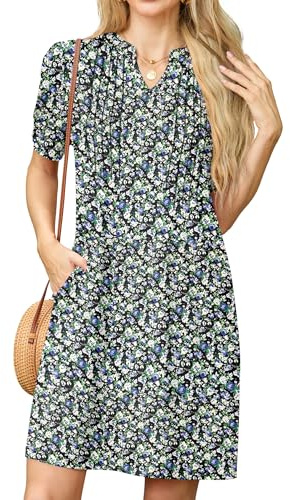 GRECERELLE Damklänningar sommar vardaglig kortärmad v-ringad skiftklänning för kvinnor damer t-shirt klänning med fickor, Svart med vit ros, M