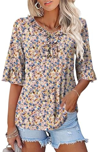 Rapbin Blusa holgada con cuello en V para mujer, manga acampanada 3/4, estilo casual, con volantes, estampado floral, para verano, 2025, Floral Rosado, M
