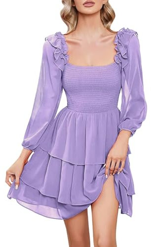 Generisch Rapunzel Kostüm Damen,Lila Kleid,Damen Chiffon A Line Dress,Lila Kleid Rapunzel,Solide Farbe Viereckiger Ausschnitt Kleid Slim Fit Long Sleeve