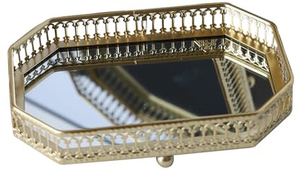 Bandeja de perfume de oro - compartimento de tocador con espejo, bandeja de exhibición de joyas | Armario de cama ahuecado bandeja decorativa, organizador de encimera para una mesa de café c