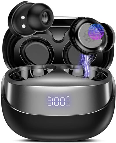DUSONLAP Wireless Earbuds, Mini Sleep Earbuds Bluetooth 5.4 Headphones In Ear Noise Cancelling Mic, 47H Playtime Ear Buds, IPX7 Waterproof Earphones, LED Display, Touch Control, USB-C, Black, 2025