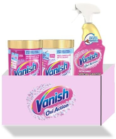 Vanish Pack détachant et multi-action : Détachant Textile & Raviveur de Blancheur - Poudre 940g + Détachant Textile et Anti-décoloration - Poudre 940g + Détachant Textile Puissant Avant Lavage – 500mL