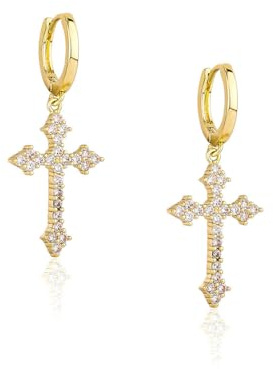 KONFEN Pendientes largos colgantes con cruz de strass para mujer, pendientes largos colgantes con strass, ganchos anilla ajustables, joyería brillante, mujeres, niñas, dorados