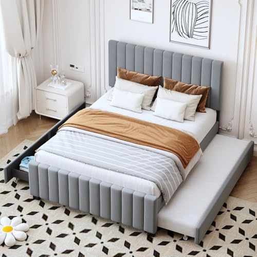 Wyibwy Cama de matrimonio de 140 x 190 cm con cama nido con 2 cajones, cama de invitados, tela de terciopelo agradable al tacto, gris (sin colchón)