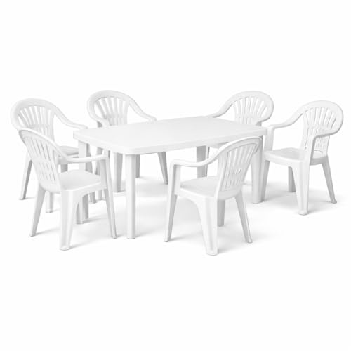 PALUPLUS Set Tavolo Ovale con 6 Sedie in Plastica da Giardino di colore Bianco, Misura tavolo 136x85x73 cm, Sedie Impilabili con Braccioli, Arredo da Esterno, Terrazzo, Made in Italy -FAR/LYR