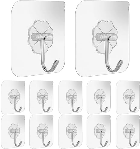 Self Adhesive Hooks 12PCS, Heavy Duty Stick on Wall Hooks for Hanging, Waterproof Sticky Hooks for Bathroom, Kitchen, Door, Towel, Coat, Keys, Decorations, No Drill Required