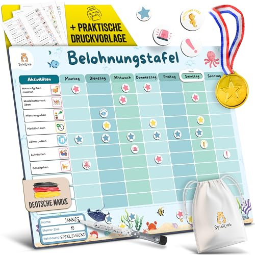 SpielLieb® Montessori Belohnungstafel Kinder magnetisch Belohnungssystem ideal für Kinder [200 Aufgaben + Stern- & Spezialmagnete, 1-3 Spieler] für mehr Selbstständigkeit (Ozean)