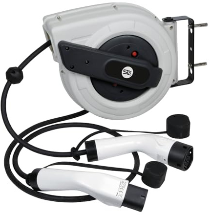 SLx EV Charger Cable Reel 8m 11kW Type 2 Heavy Duty Retractable EV Charging Cable with Thermal Cut-Out, IP55 Weather Protection, Wall Mount Bracket for Home Charging