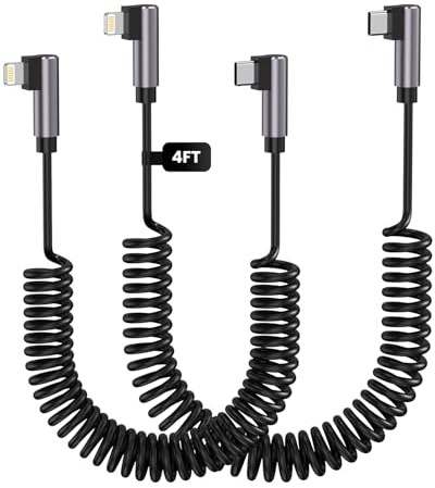 Ulyuhoda Cable Lightn-ing de 90 grados de 4 pies, cable Lightn-ing en espiral en ángulo recto, cable USB C a Lightn-ing, 60 W 3 A, cable de carga rápida Carplay para iPhone 14/13/12/11 Pro Max Plus/XS