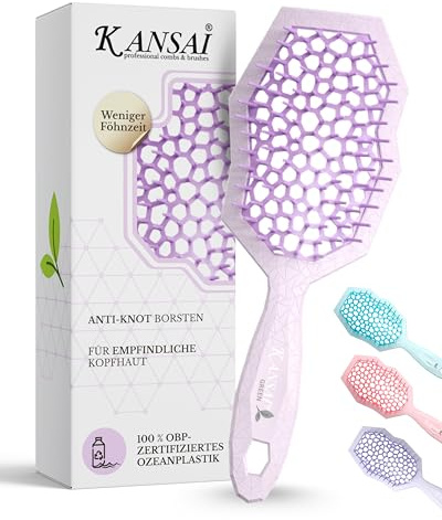 Kansai Bio Brush I Flieder I Nachhaltige Haarbürste aus 100% ozeanisch recyceltem Kunststoff I Ergonomische Anti-Ziep-Bürste für empfindliche Kopfhaut I Entwirrungsbürste für Damen, Mädchen & Herren