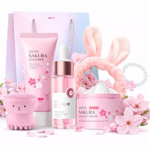 Sakura Skincare Set Gifts for Teenage Girls, Pamper Gifts for Women | 7PC Gentle Cleanser, Serum, Cream with Hair Tie, Brush & Headband | Pamper Set for Teen,Women,Mom | Birthday, Travel Skincare Set