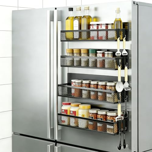 4 Gewürzregal Magnetische für Kühlschrank Organizer,Magnetregale für Küchen | Gewürz-Organizer ohne Bohren mit Starken Magneten,2 große 2 kleine mit 8 Haken,Kühlschrank,Mikrowelle,Waschmaschine-Schwarz
