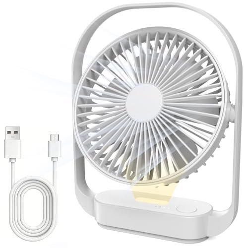 SURFOU Ventilador de Mesa 4000mAh, Sin Cable, 4 Velocidades, 2 Modos de Luz Nocturna, Recargable por USB-C, Hasta 20 h de Autonomía, Silencioso, para Dormitorio, Oficina, Viaje