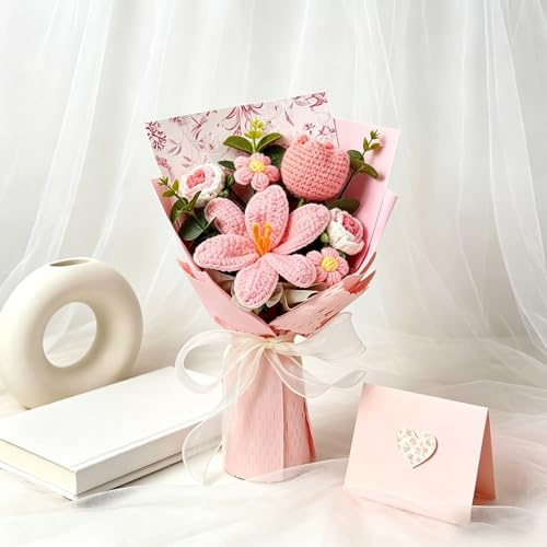 Häkelblumenstrauß, Häkelblumen Gehäkelte Blumen Häkeln Blumenstrauß Künstliche, Tulpe für Muttertag, Valentinstag, Jubiläum, Hochzeit, Geburtstag, Geschenk für Mama, Freunde, Liebende (Rosa)