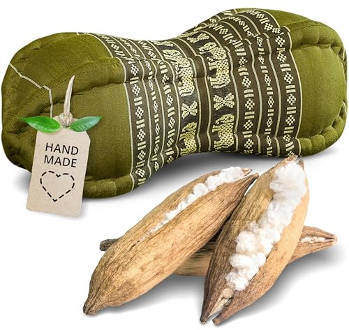 livasia Nackenstützkissen Papayakissen - Ø 13x43cm - Nackenkissen Papayaform, Sofakissen, Lesekissen mit Kapok, Kissen für Garten und Balkon, Reisekissen handgefertigt (Grün/Elefanten)