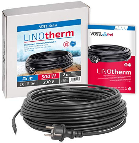 Heizkabel Linotherm 25 Meter lang, besonders hohe Heizleistung, VOSS.eisfrei Frostschutz für Dachrinnen und Wasserleitungen, Frostschutzkabel Rohrbegleitheizung Dachrinnenheizung Heizleitung