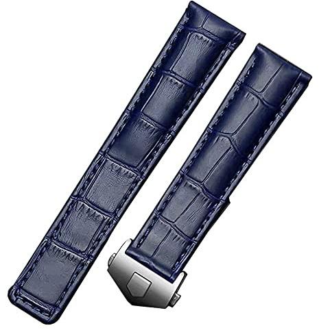 FOUUA Uhrenarmband Schwarzbraunes Echtleder-Uhrenarmband im Krokodil-Stil mit blauen Nähten für Tag Heuer Monaco & Targa Florio Modelle 19 mm 20 mm 22 mm