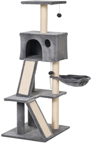 PawHut Katzenklettergerüst Kratzbaum mit Sisalpfosten, Katzenklettergestell Kletterbaum für Katzen Sisalseil Katzenspielzeug, Grau, 60 x 49 x 130 cm