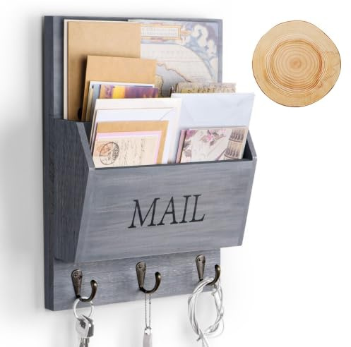 DLQuarts Post-Organizer mit Schlüsselhalter für die Wand, dekorativer Briefsortierer, Wandmontage, Holz-Briefhalter mit 3 Haken, Grau